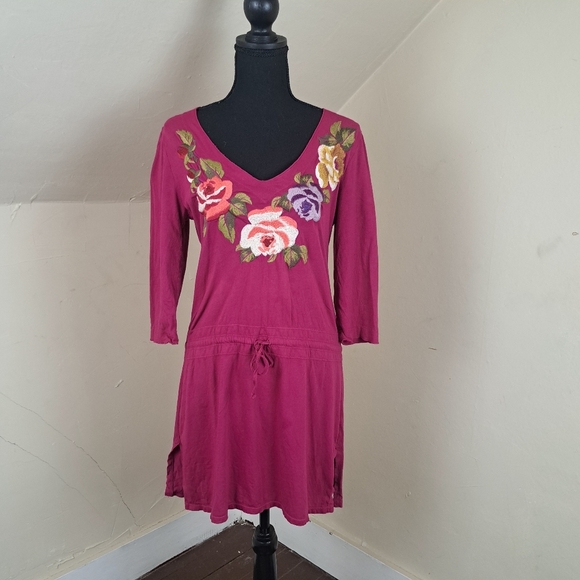 Vintage Johnny Was Drawstring Embroidered  Floral Tunic Pink Size M - Picture 1 of 13